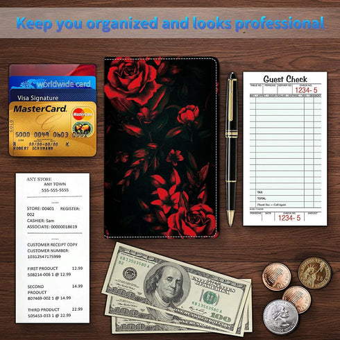 BREIDMKFM 7 Server Books for Waitress, Leather Waiter Book Server Wallet with Zipper Pocket, Storage Pockets