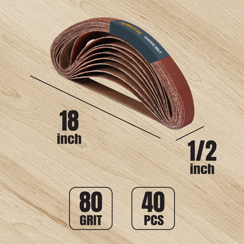 POWERTEC 1/2 x 18 Inch Sanding Belts, 40PK, 80 Grit Aluminum Oxide for Belt Sander, Woodworking, Metal Polishing