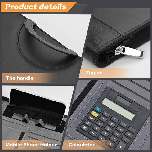 Vegan Leather Padfolio Portfolio Binder with Calculator, Zippered Organizer for Business Women & Men