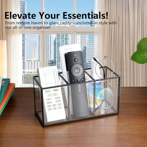 Tempered Glass Pencil Holder for Desk, 3 & 4 Compartments Desktop Storage Organizer for Office and School Supplies