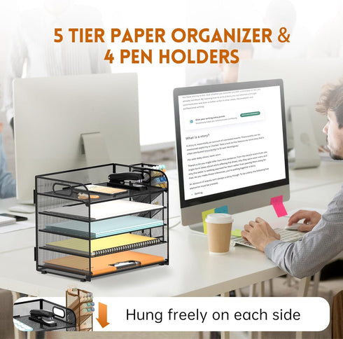 SUPEASY 2 Pack 5 Tier Desk Organizer - Mesh Paper/File Organizer with Handle & Removable Pen Holders