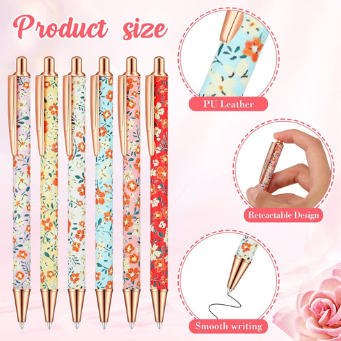 Glenmal Floral Pens, Flower Ballpoint Pens, Fancy Pretty Metal Retractable Black Ink Pens, 12 Pcs