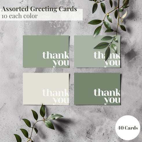 Pack 40 5x3.5 Inches Paper Play Thank You Cards Bulk of Green, with Matching Stickers & Envelopes, Minimalistic Design
