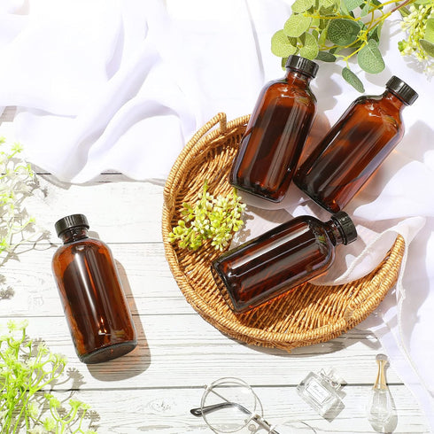 Nuenen 16 Pack 8 oz Amber Boston Round Glass Bottles with Black Poly Cone Cap for Homemade Vanilla Extract Essential