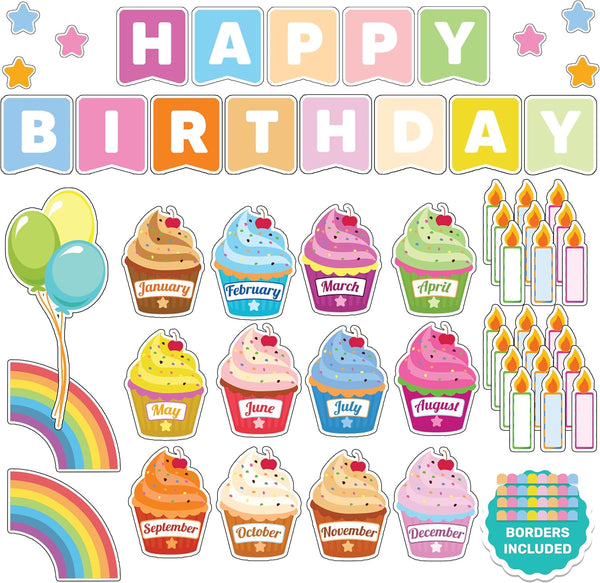 Decorably 84 Pcs Cupcake Birthday Bulletin Board Set - Birthday Chart for Classroom Birthday Wall Decorations