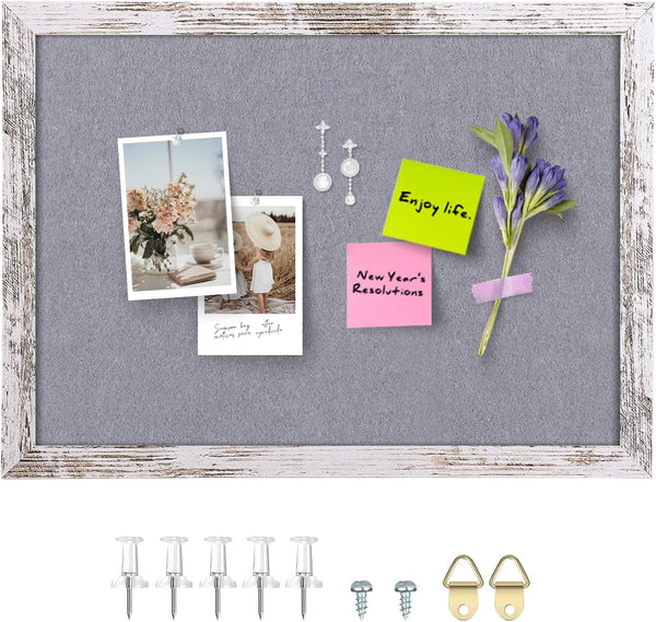 Gray Felt Cork Board, Decorative Hanging Boards with White Rustic Wood Frame, Vision Board for Office Home School