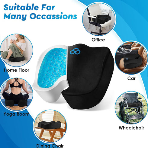 Seat Cushion for Office Chair, Anti-Slip Bottom & Removable Cover, Memory Foam Tailbone Pain Relief Cushion in Black