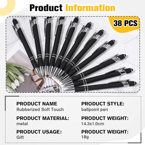 Zonon 38 Pieces Rubberized Ballpoint Pen - Stylus Tip Stylish Metal Pen with Soft Rubberized Grip, Black Ink for Most
