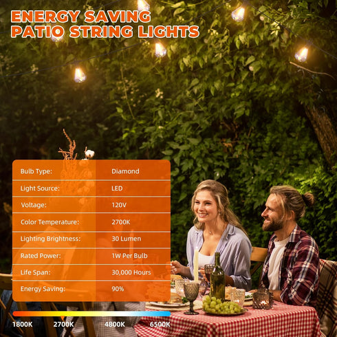 97 48+1 Bulbs 2700K Dimmable IP65 Kawaya Outdoor String Lights FT LED Patio with Shatterproof Unique Diamond Edison