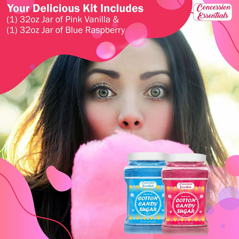 Concession Essentials /2lb -2ct Cotton Candy Floss Sugar -Pink Vanilla and Blue Raspberry Jars Each Flavor