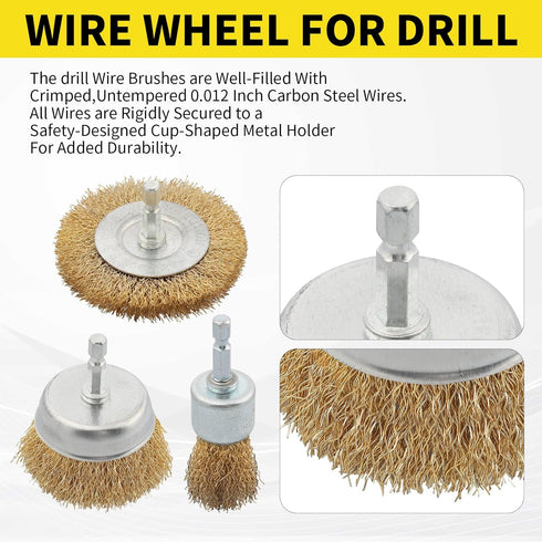5 Pcs Wire Brush Wheel for Drill - Brass Wire Brush, 1/4 Inch Hex Shank for Rust Removal