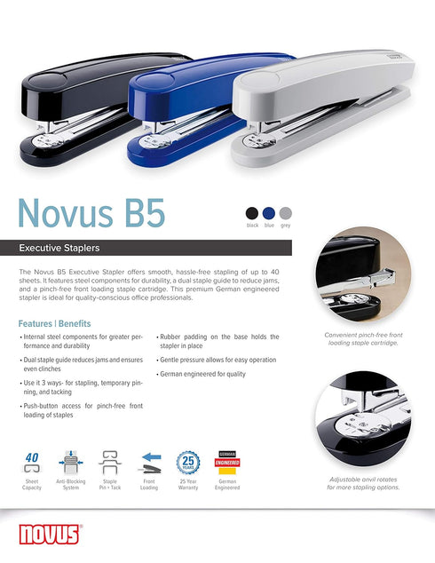 Novus B5 Executive Stapler, 40 Sheet Capacity, German Engineered, Staple|Pin|Tack, Steel Drive, 25 Year Warranty (Black)