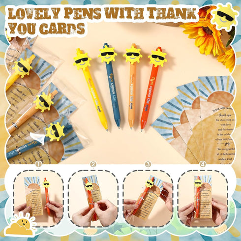 Sayglossy 100 Sets Here Comes The Son Theme Baby Shower Favors for Guests Ballpoint Thank You Card Organza Bag Boho