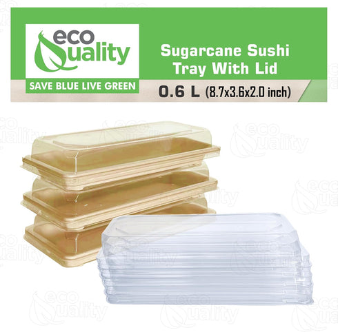 (100) EcoQuality Small Compostable Sushi Trays with Lids - Natural Sugarcane Bagasse Take Out Sushi Container