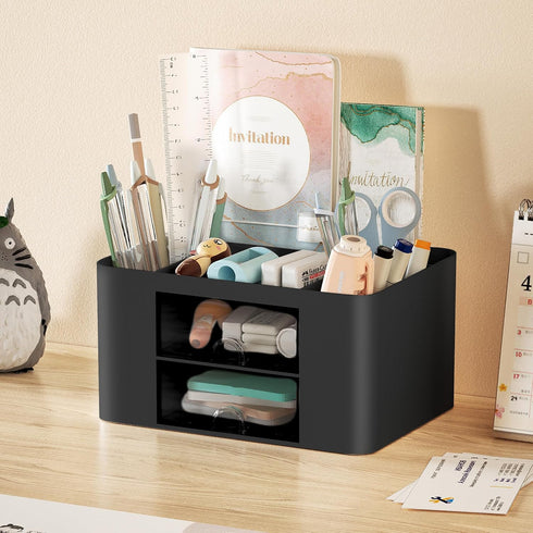 Marbrasse Pen Organizer with 2 Drawers, Multi-Functional Pencil Holder for Desk, 5 Compartments + Drawer (Black)