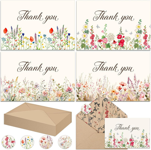Noveread 100 Pack Wildflower Thank You Cards with Envelopes and Stickers 4 x
