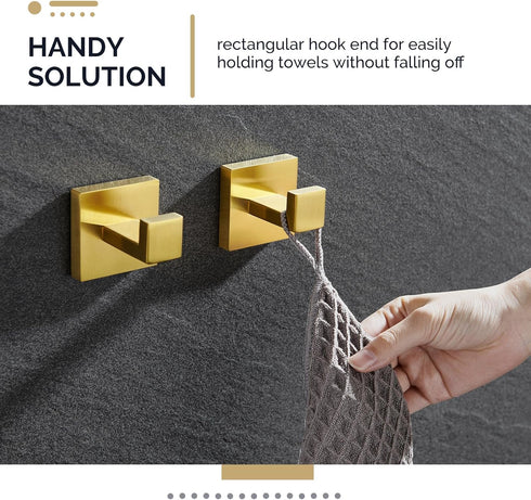 Angle Simple Towel Hook Brushed Gold 2 Pack, 304 Stainless Steel Square Robe Hook for Bathroom Use