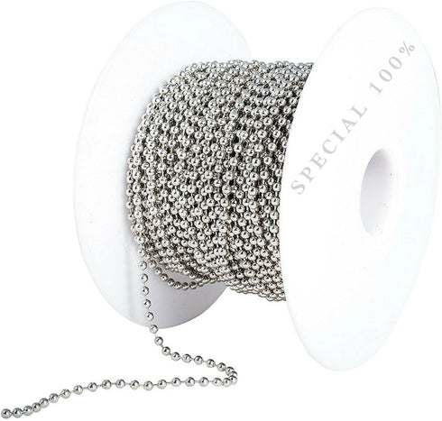 Ball Chain Spool #3 Nickel Plated Steel Bead Chain, 2.4 Diameter, 100 Feet with 30 Matching Connectors