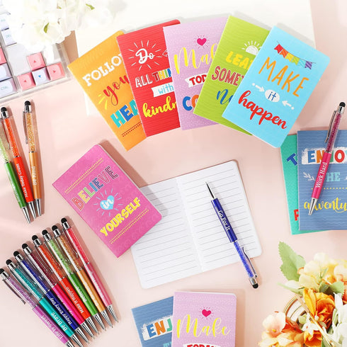 Funrous 32 Pcs Motivational Quote Pens, Inspirational Notepads with Ballpoint Pen Gift Set for Students