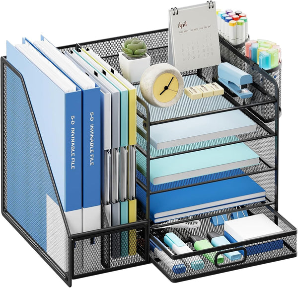 Desk Organizer with File Holder, 5-Tier Paper Letter Tray with Sliding Drawer and 2 Pen Holders, Mesh for Office