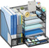 Desk Organizer with File Holder, 5-Tier Paper Letter Tray with Sliding Drawer and 2 Pen Holders, Mesh for Office