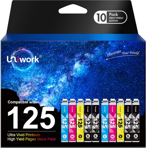 Uniwork Remanufactured Ink Cartridge Replacement for Epson 125 T125, 10 Pack for NX125 NX127 NX130 NX230 NX420
