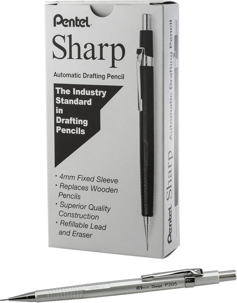 Pentel Sharp Mechanical Pencil, 0.5mm, Metallic Silver Barrel, Box of 12