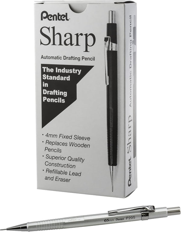 Pentel Sharp Mechanical Pencil, 0.5mm, Metallic Silver Barrel, Box of 12