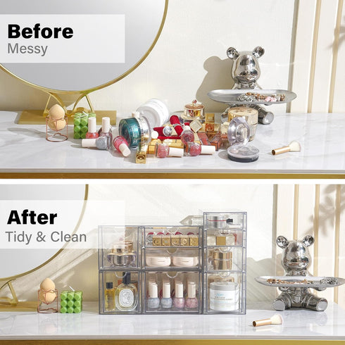 Prsildan Acrylic Drawer Makeup Organizer with 9 Drawers - Set of 3 Clear Stackable Storage Drawers for Vanity