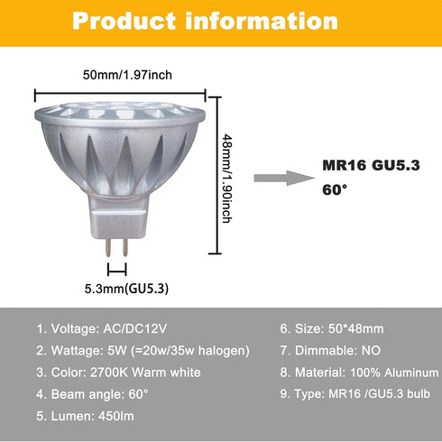 ALIDE MR16 LED Bulbs 6 Pack, 5W 2700K Soft Warm White, 60 Wide Beam Angle, Low Voltage 12V GU5.3 Bulb Spotlights for