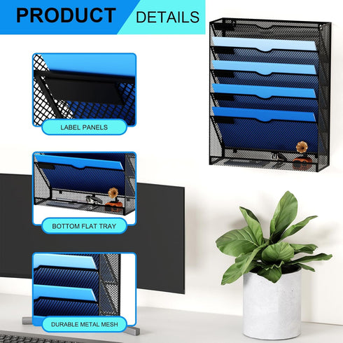 Wall Mounted File Organizer - 6 Tier Hanging Document Holder for Office Home, Black