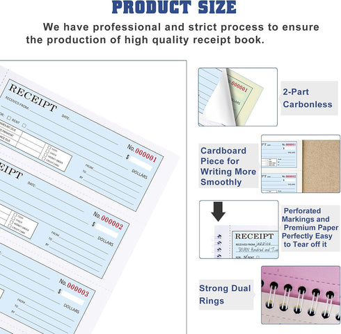 Zzrywuty Insert,2-Part Carbonless,7.9x11.2 Bound,200 Sets Book,4 Large Money and Rent Receipt Book with Cardboard
