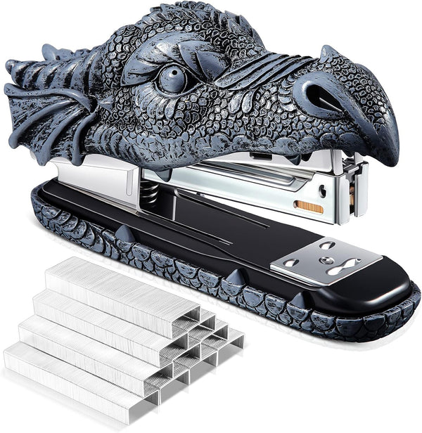 Dragon Stapler with 2000 Staples, Kids Novelty Stapler, Funny Carving Resin Faucet Stapler for Office Desk Decor (Grey)