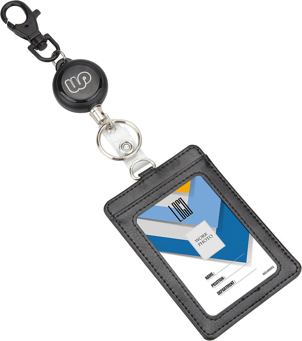 Wisdompro ID Badge Holder with Retractable Keychain, 2-Sided PU Leather Pass Card Holder, Black, Vertical