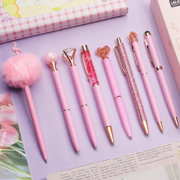 WEMATE 8Pcs Pink Ballpoint Pen Set, Metal Crystal Diamond Glitter Pens for Journaling, Gifts for Women, School, Office