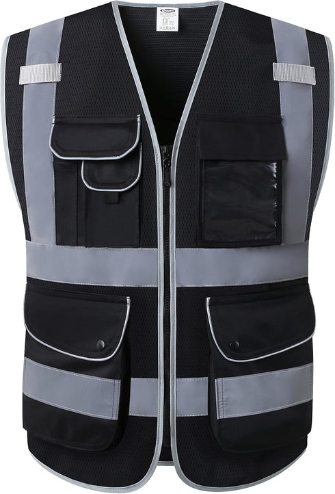JKSafety 9 Pockets High Visibility Safety Vest for Men and Women, Hi-Vis Reflective Black Safety Vests