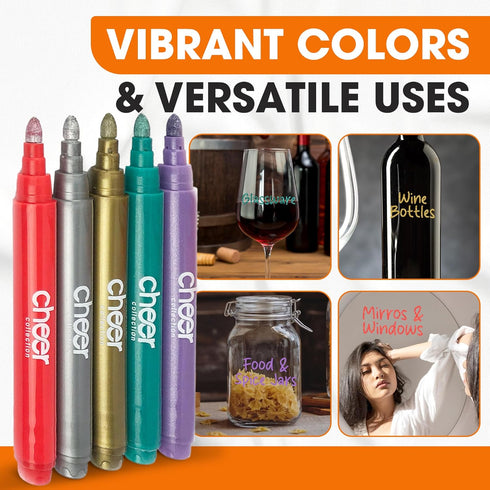 Cheer Collection Metallic Wine Glass Markers, Dry Erase Washable Marker Pens, Set of 5