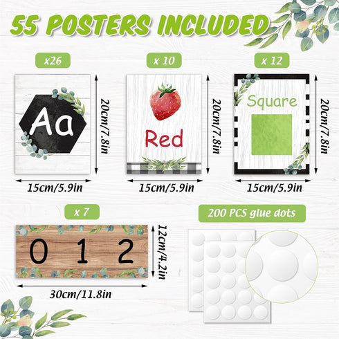 Yeaqee 55 Pieces Alphabet and Number Bulletin Board Set Eucalyptus Educational Bulletin Board Cards Farmhouse Greenery Number Shape Color Early Learning Poster Cards for Classroom Wall Decor