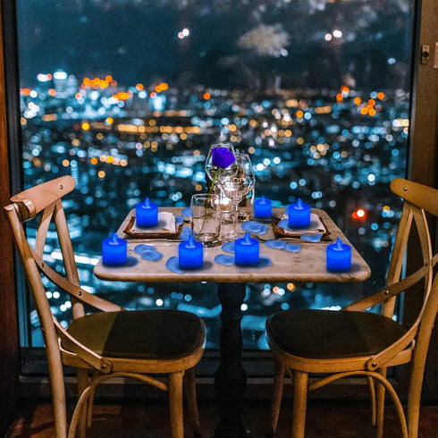 LANKER 500 PCS Blue Artificial Rose Petals with 24 Bright Flickering Blue Flameless LED Tea Lights for Valentine's