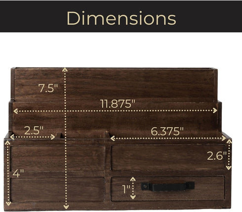 BLU MONACO Brown Wood Mail Organizer with Drawer and Pen Holder, Desk Sorter for Bills and Kitchen Storage