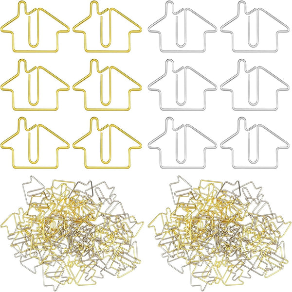 Yeaqee 200 Pcs House Shaped Paper Clips, Gold Silver Fun Paperclips, Real Estate Agent Supplies for School Office Home