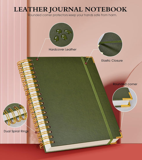 Spiral Notebook Journal 8.5” x 11”, 300 Pages Hardcover Leather Lined Journals for Women Men, A4 Large College Ruled Notebooks with 100 GSM Thick Paper, Spiral Journal for Writing Work, Olive Green by UEBZFOCS