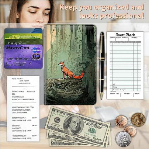 Server Books for Waitress Waiter with Zipper Pocket, Fox Forest Cute Server Book for Men & Women, Restaurant Server