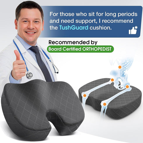 TushGuard Seat Cushion - Memory Foam Cushion for Office Chair, Car Seat, Airplane, Bleacher - Sciatica & Hip & Coccyx