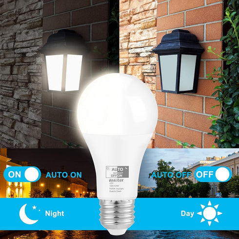Dusk to Dawn Light Bulbs Outdoor, 60W Equivalent, Daylight, LED 9.5W, A19, 2-Pack, HQ-H011 by Qualilux