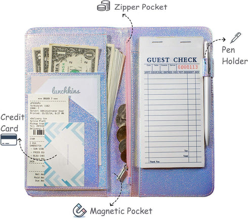 5 9 Zreal Server Book for Waitress with Zipper Pocket, X Serving Book, Magnetic Closure Pocket with Big Volume, Pen
