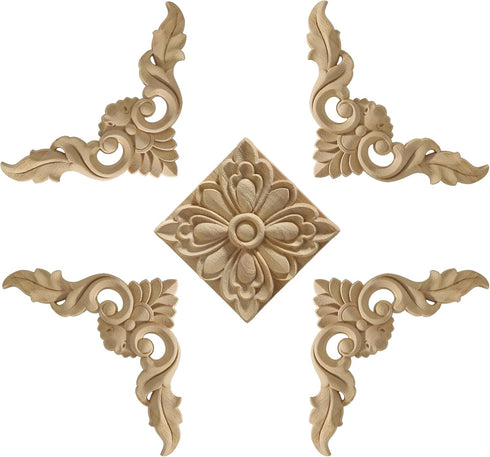 Nsrisml 5Pcs Wood Carved AppliquesOnlays Unpainted Wooden Corner Carving Decals for Mirrors,