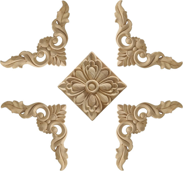 Nsrisml 5Pcs Wood Carved AppliquesOnlays Unpainted Wooden Corner Carving Decals for Mirrors,