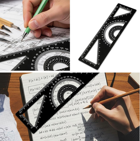 Jxiwfvl 4-in-1 Set, 6.7 Inch, Geometry Multifunctional Geometric Rulers, Aluminium Straight Edge Protractor, Metal Math