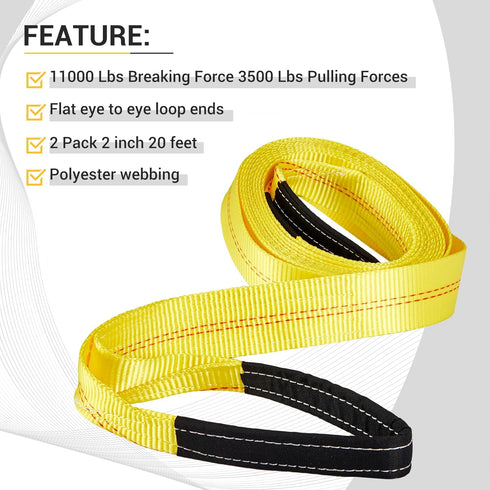 Pindex 2 Pack 2" x 20' Web Lifting Sling, 11000 Lbs Breaking Force for Rocks, Trees, Tool Boxes, Yellow